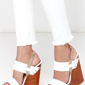 White and Gold Vegan Leather Studded Wedges